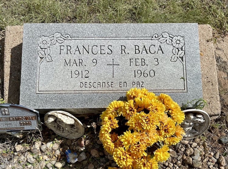 The headstone of Frances Baca in the St. Joseph Cemetery in Santa Rosa, NM.
