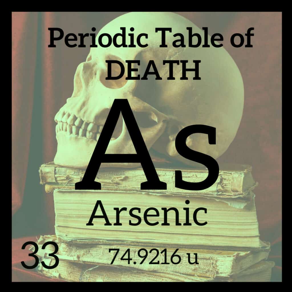 Periodic Table Depiction of Arsenic (As) with a Skull on top of gold books
