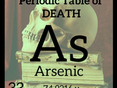 Periodic Table Depiction of Arsenic (As) with a Skull on top of gold books