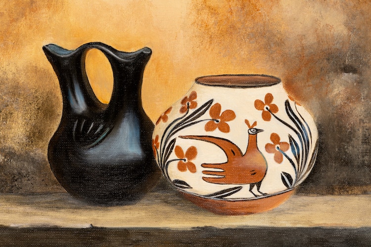 Detail of Still Life Oil Painting with Native American Pottery