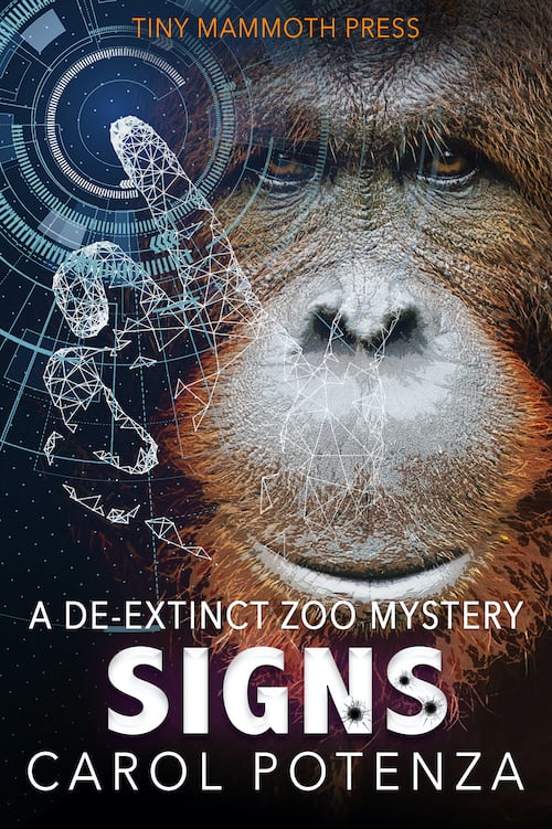 Signs Book Cover with the face of a giant ape staring at the reader and a ghostly tech hand to one side