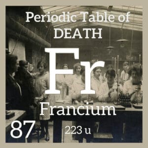 Periodic table of Death for the element francium with a photo of girls and women in a lab class in the early 1900s