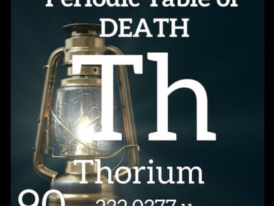 Periodic table of Death -Thorium element square with a dark background and a gold lantern