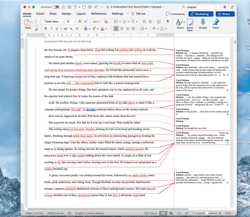 Screenshot of a 1 page excerpt of Ambushed: a De-Extinct zoo Mystery showing the review panel and all changes in red. It's sort of a bloodbath of red ink.