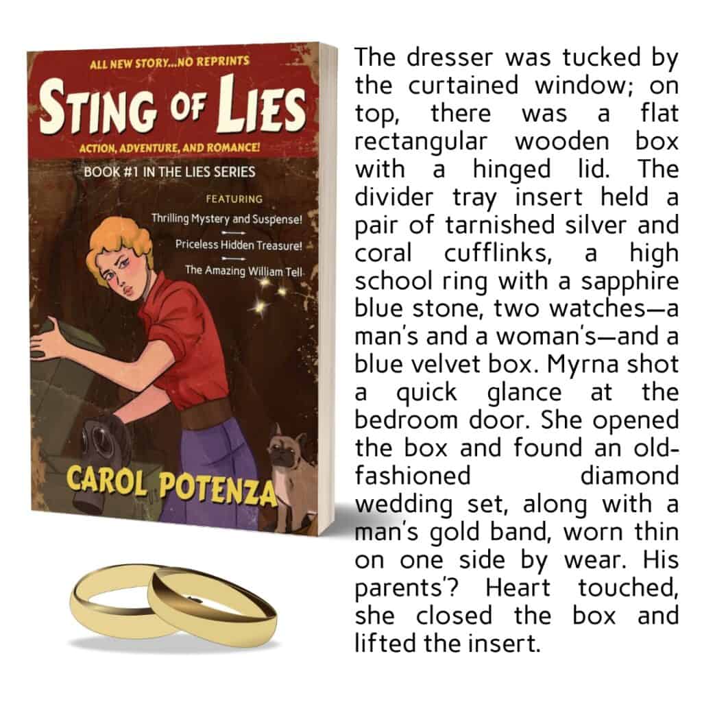 Image of the book cover for Sting of Lies, a short excerpt and two gold wedding bands