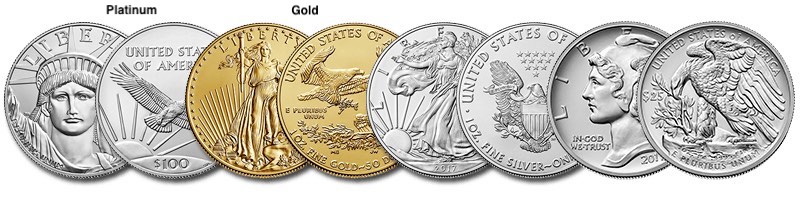 series of American Coins: platinum, gold, silver and palladium